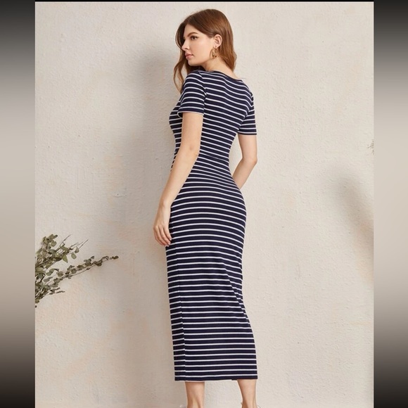 Navy blue Buttoned Front Split Hem Striped Dress - Picture 2 of 3